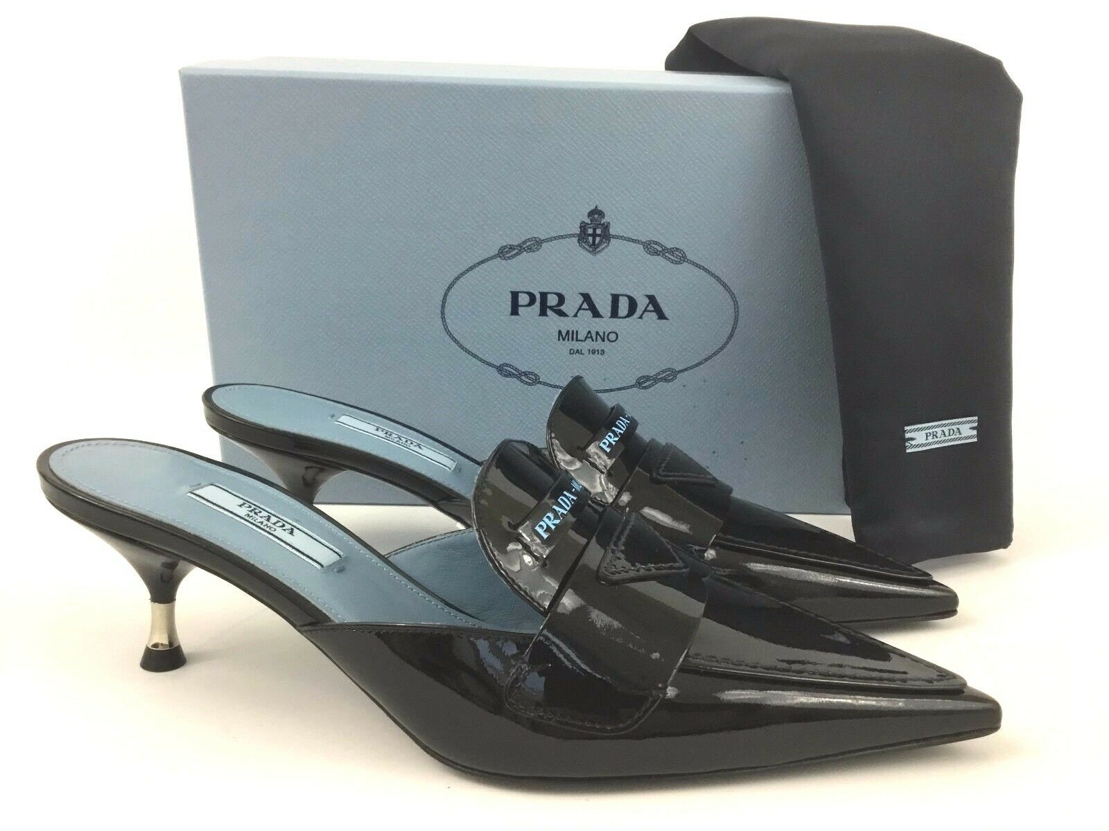Prada black patent pointed toe mules with kitten heels – The Good, The ...
